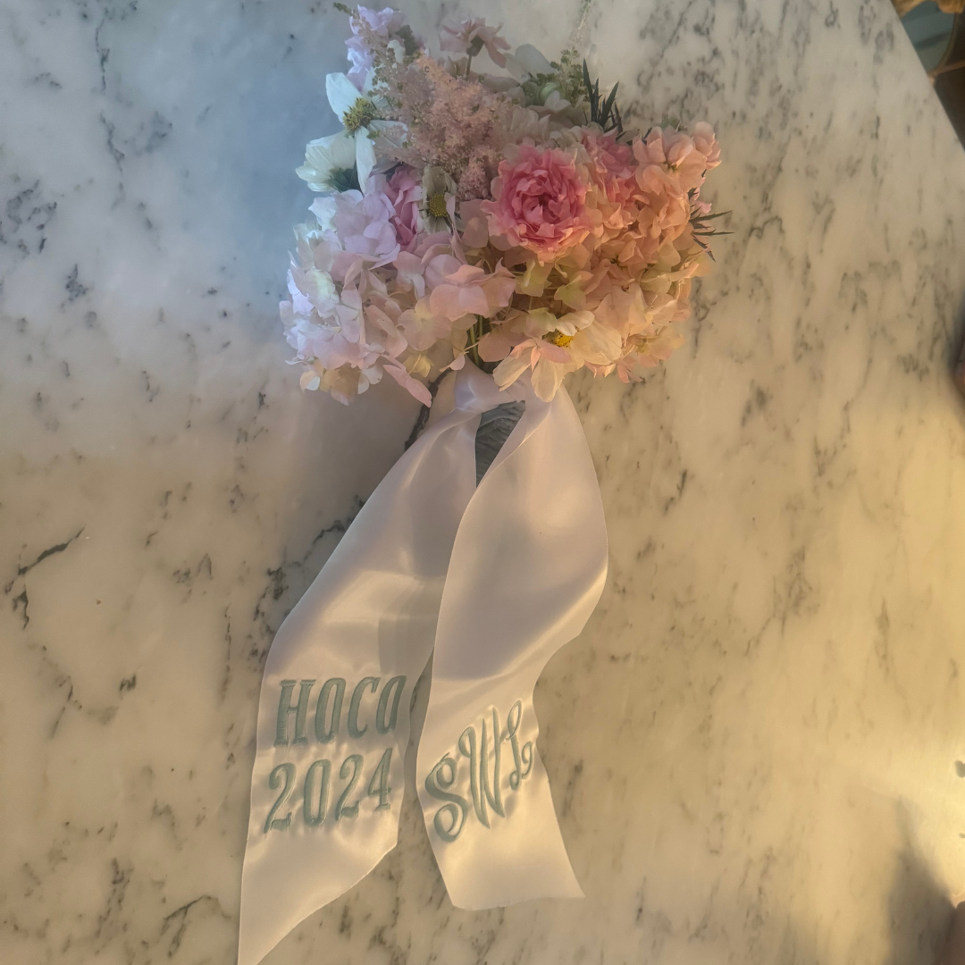 Soft Blush Prom Bouquet with Monogrammed Ribbon